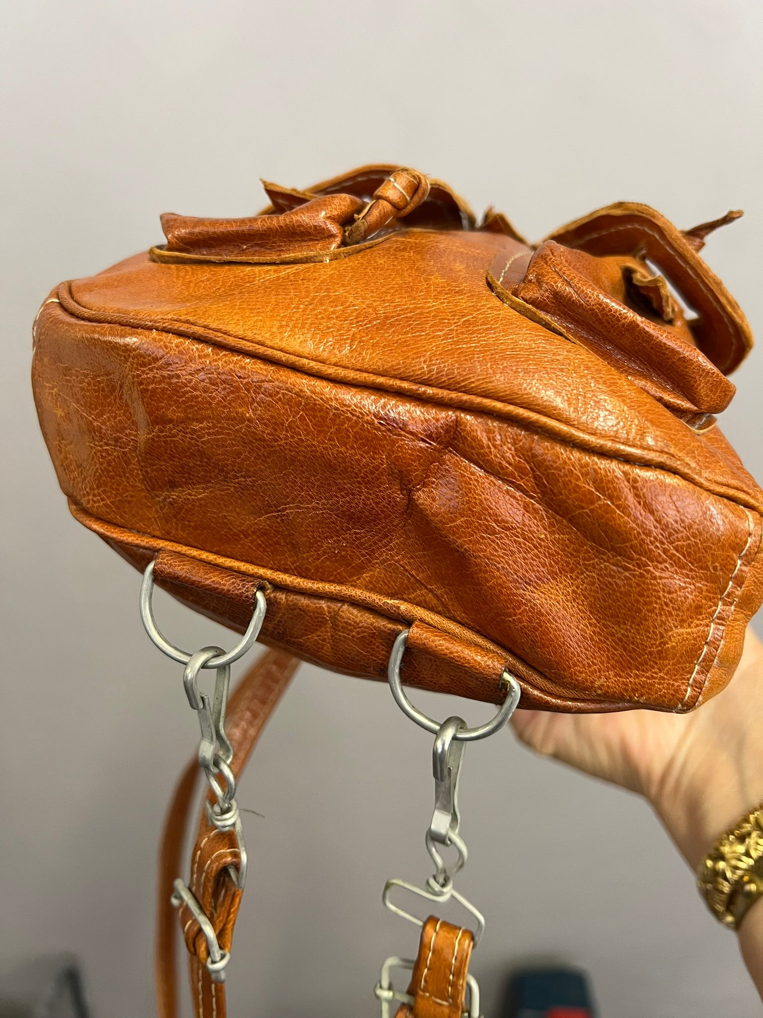 Tan Leather Mini Backpack Vintage Rucksack Bag