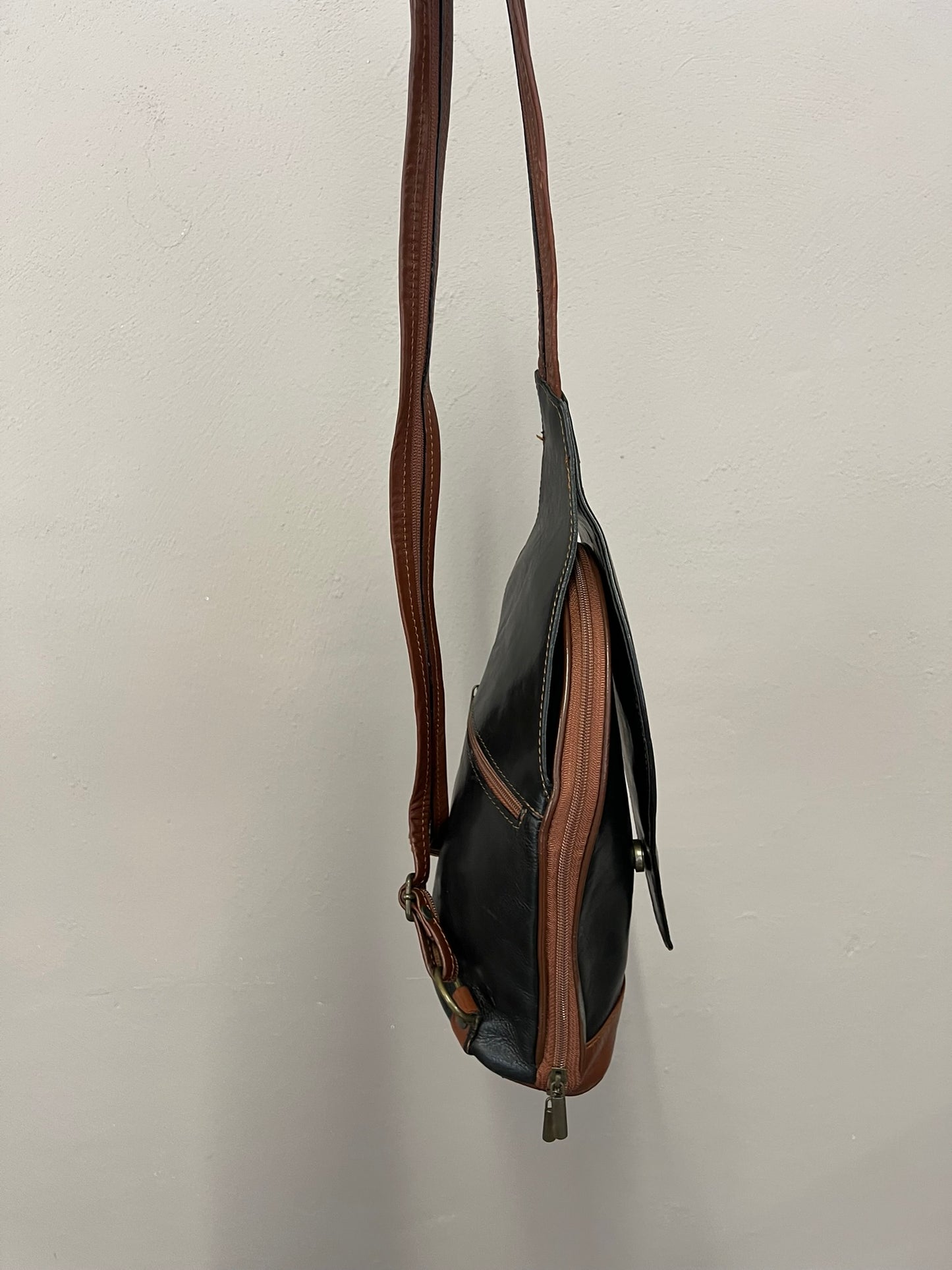 Vintage Leather Backpack Asymmetric Handbag Black and Brown 90s Vintage Bag