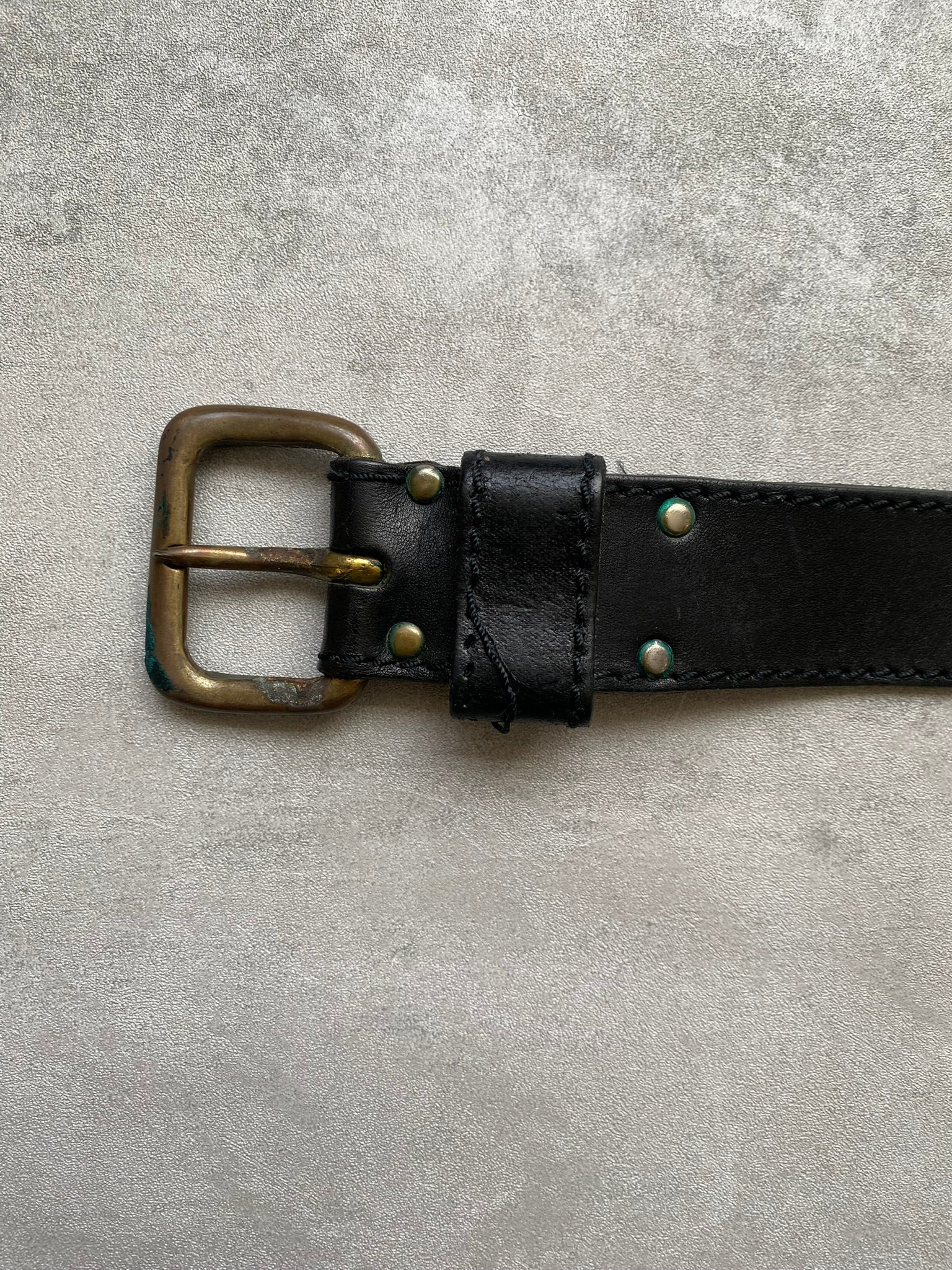 Vintage Saddle Leather Belt Black Brass Buckle Size Small