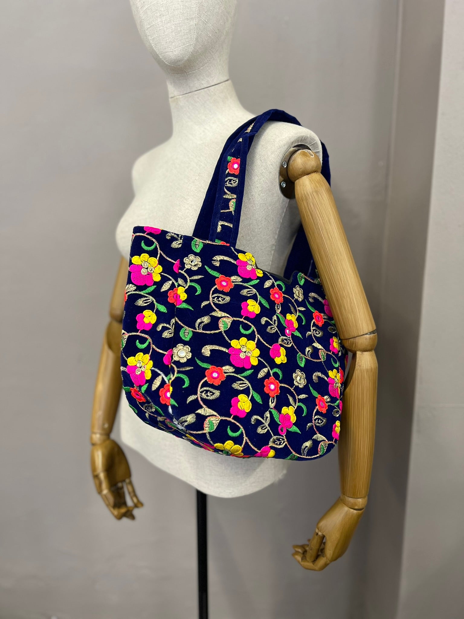 Blue Velvet Embroidered Tote Bag Vintage Mirror Detail Floral Shoulder Bag