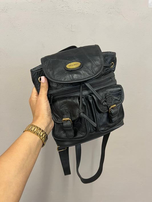 Vintage Black Leather Mini Backpack 90s Patchwork Leather Handbag