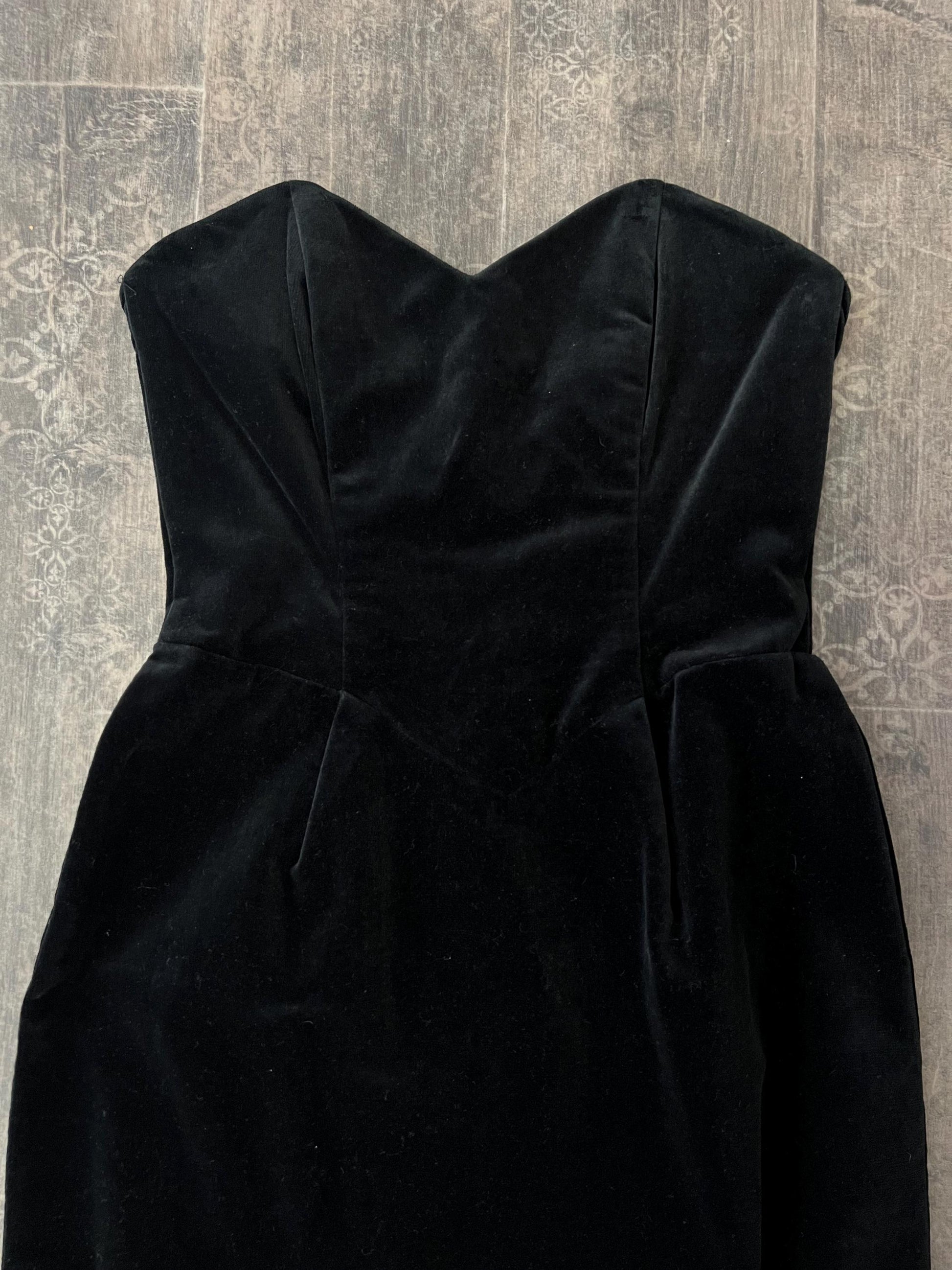 Black Velvet Strapless Dress Corseted Mini Dress Vintage 1990s Cocktail Party Dress