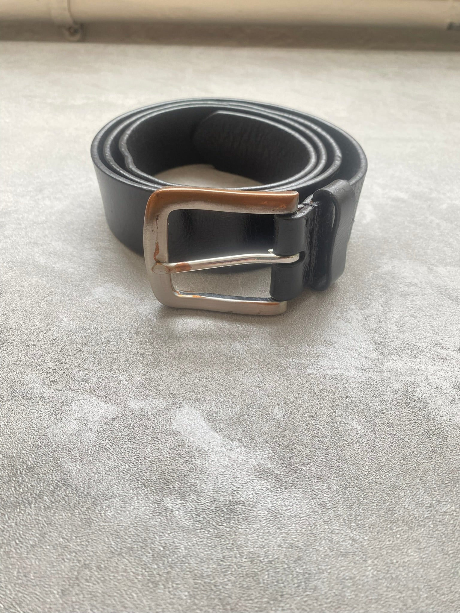 Vintage Black Leather Belt 1990s Minimalist Genuine Leather Belt Silver Buckle S
