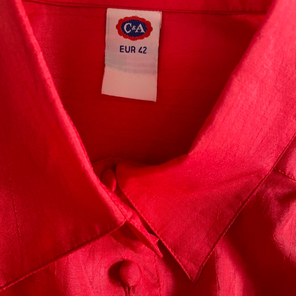 Vintage 80s Silky Blouse Red Shirt Embroidered Short Sleeved Lightweight Button Up Blouse