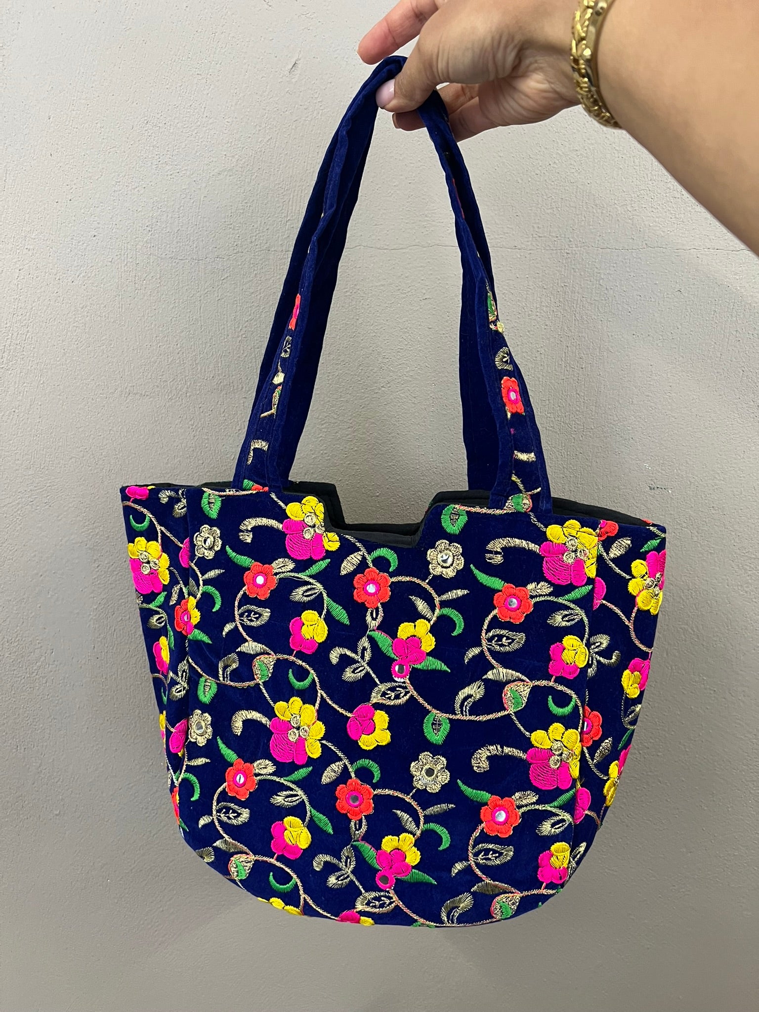 Blue Velvet Embroidered Tote Bag Vintage Mirror Detail Floral Shoulder Bag