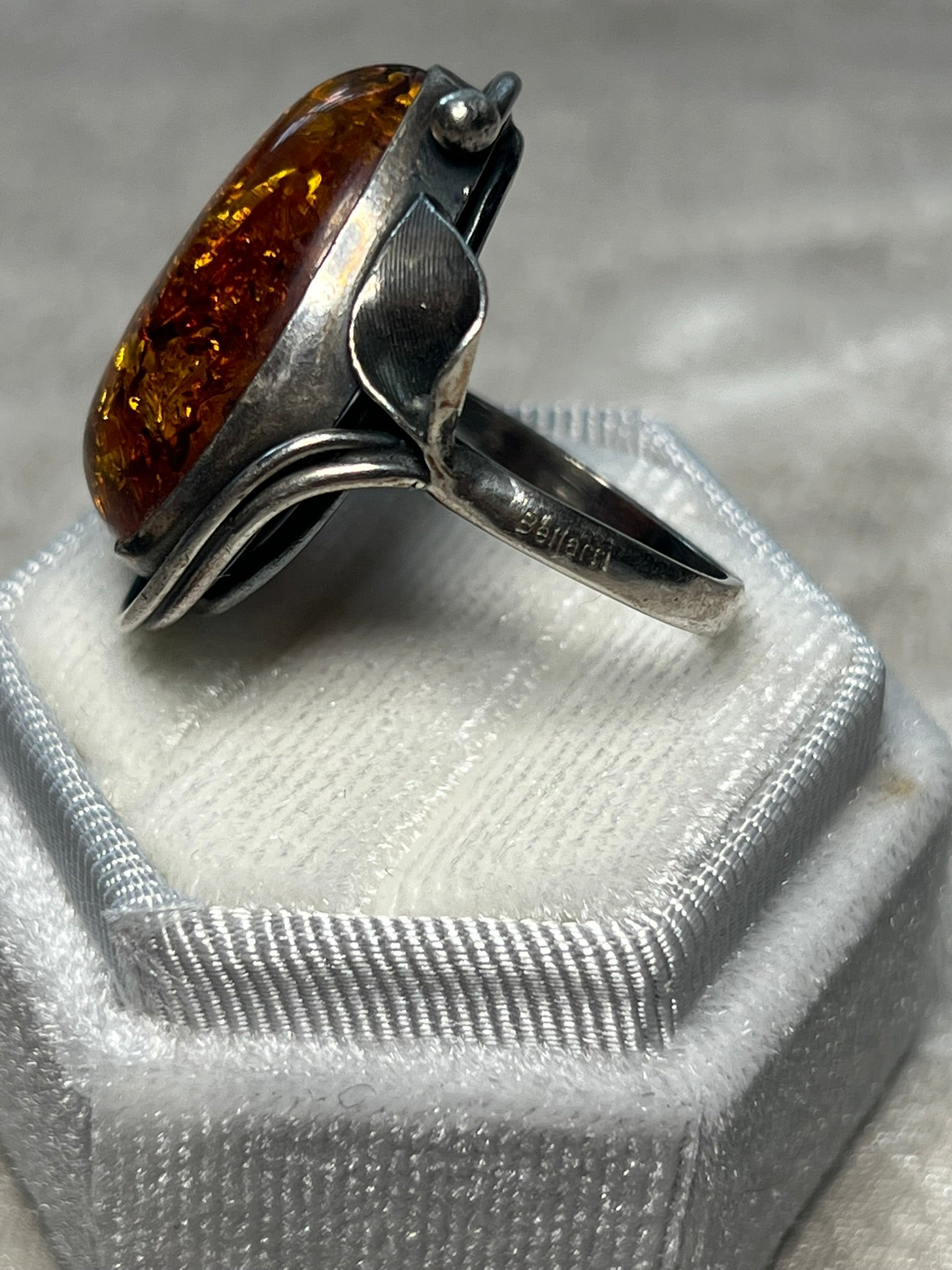Vintage Bellarri Sterling Silver Amber Statement Ring Leaf Detail Size O